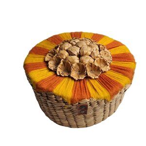 Vintage Yarn Covered Straw rattan Woven Storage Basket Orange Harvest Colors